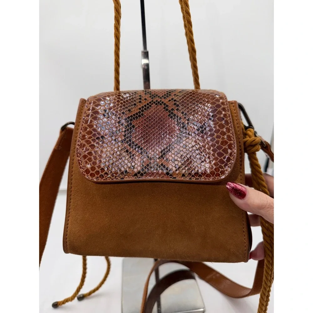 Free People Brown Suede Snakeskin Embossed Leather Crossbody Bag Rope Handle - Picture 5 of 12